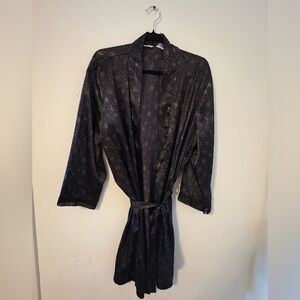 Black Satin Robe with Subtle Dot Print - Women Intimates & Sleepwear